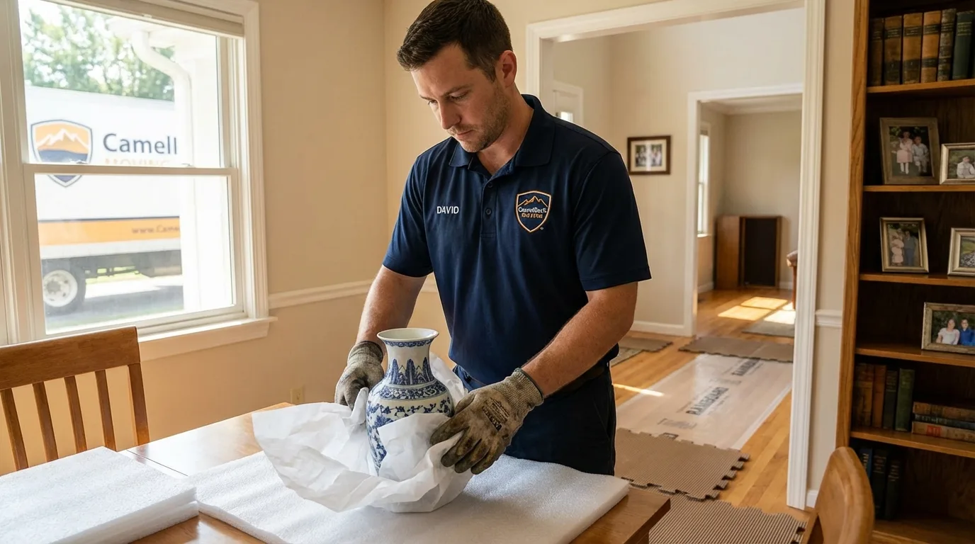 Professional crew carefully wrapping antique vase for senior downsizing move in Kettle Falls, WA